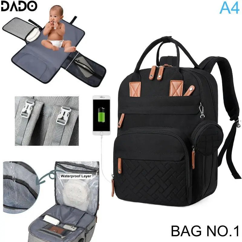 Waterproof Diaper Bag Backpack Multifunction Travel Tote with Changing Station Pad - householdessential