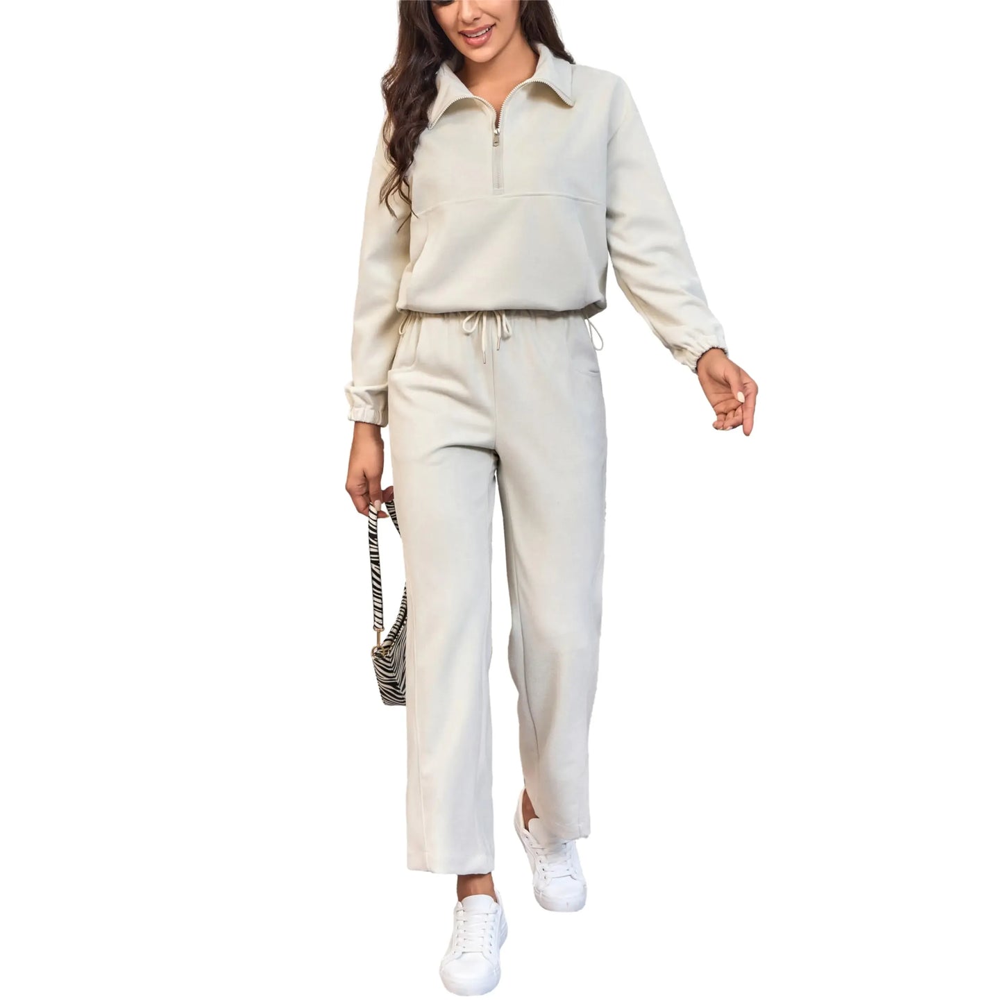 Women's 2-Piece Tracksuit Set | Half-Zip Sweatshirt & Wide Leg Joggers - householdessential