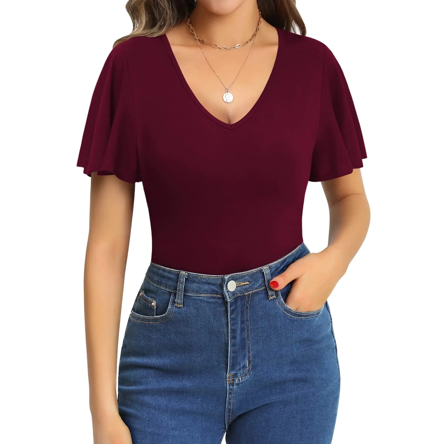MANGOPOP Womens Deep V Neck Ruffle Short Sleeve Tops Sexy Bodysuit for Women Clothing - householdessential