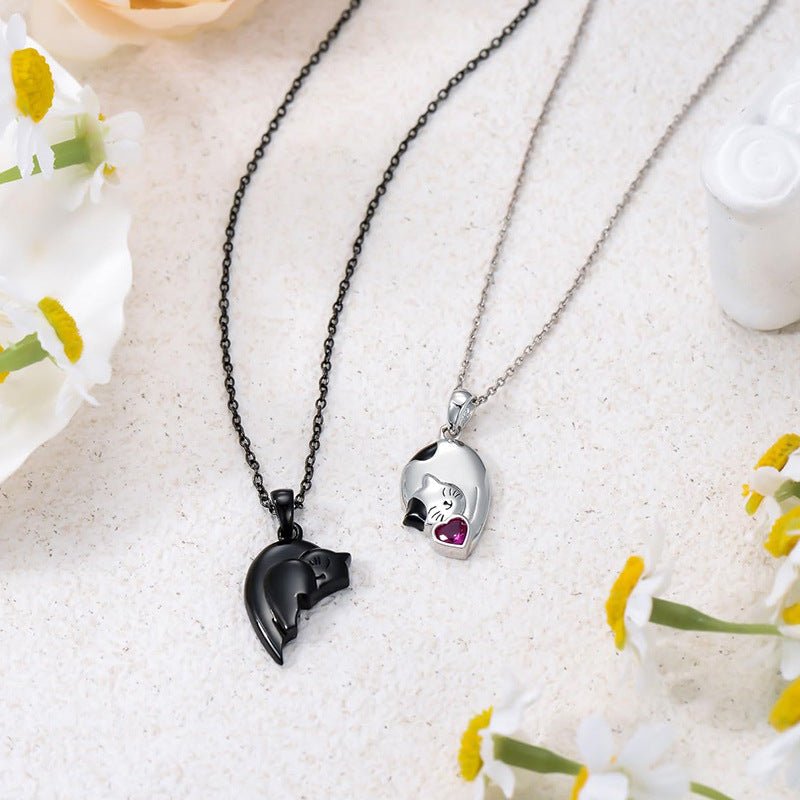 Black White Cute Cat Couple Necklace Set Gift for Couples - householdessential
