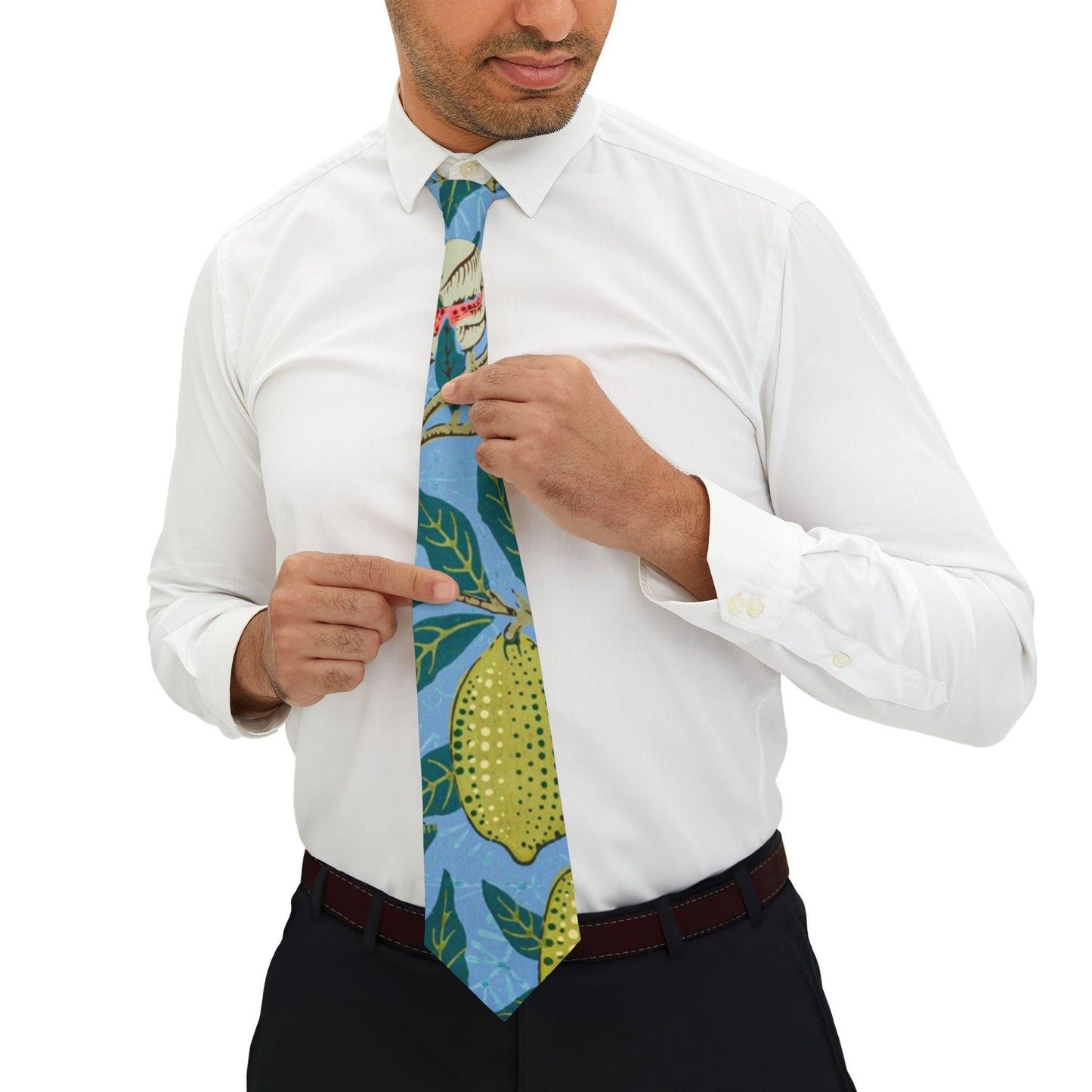 William Morris Four Fruits Print Necktie | Citrus Pattern, Blue Background - householdessential