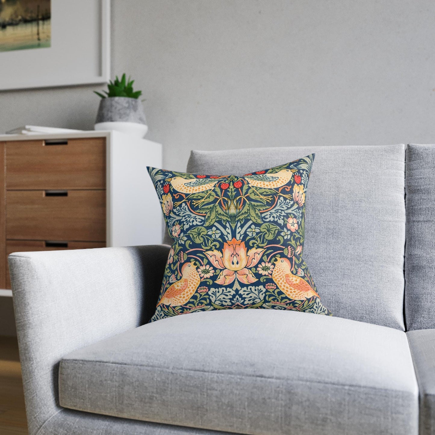 William Morris Strawberry Thief Floral Pattern Square Cushion | Vintage Botanical Birds - householdessential
