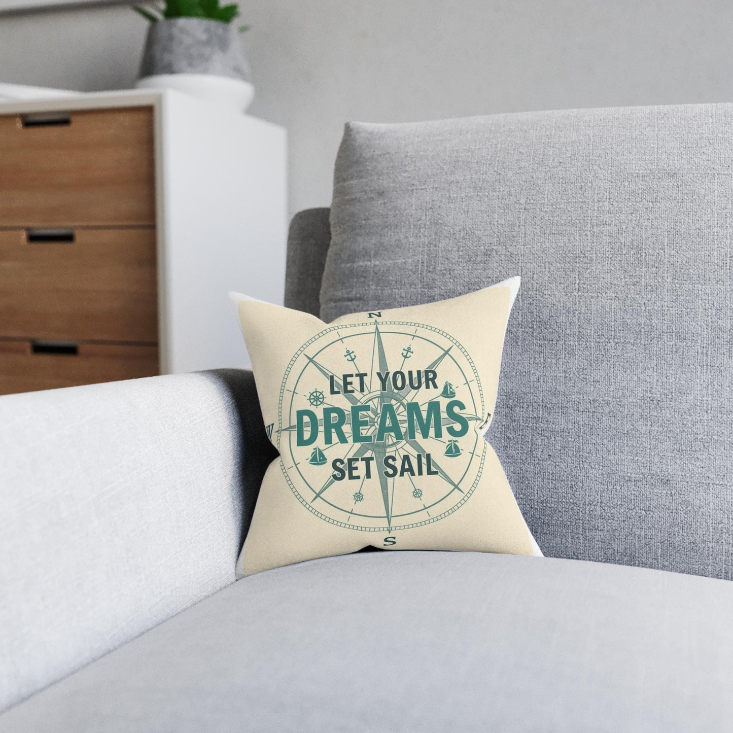 Let Your Dreams Set Sail Compass design Square cushion | Nautical Coastal Home Decor - householdessential