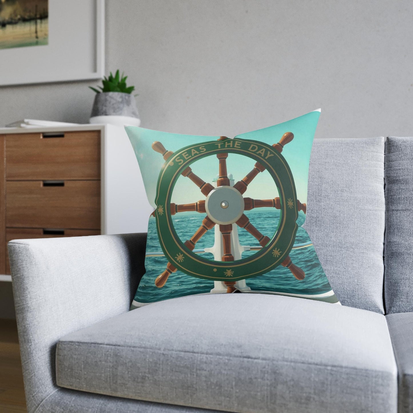 Seas the Day Ship Wheel Square Cushion | Nautical Ocean Coastal Decor - householdessential