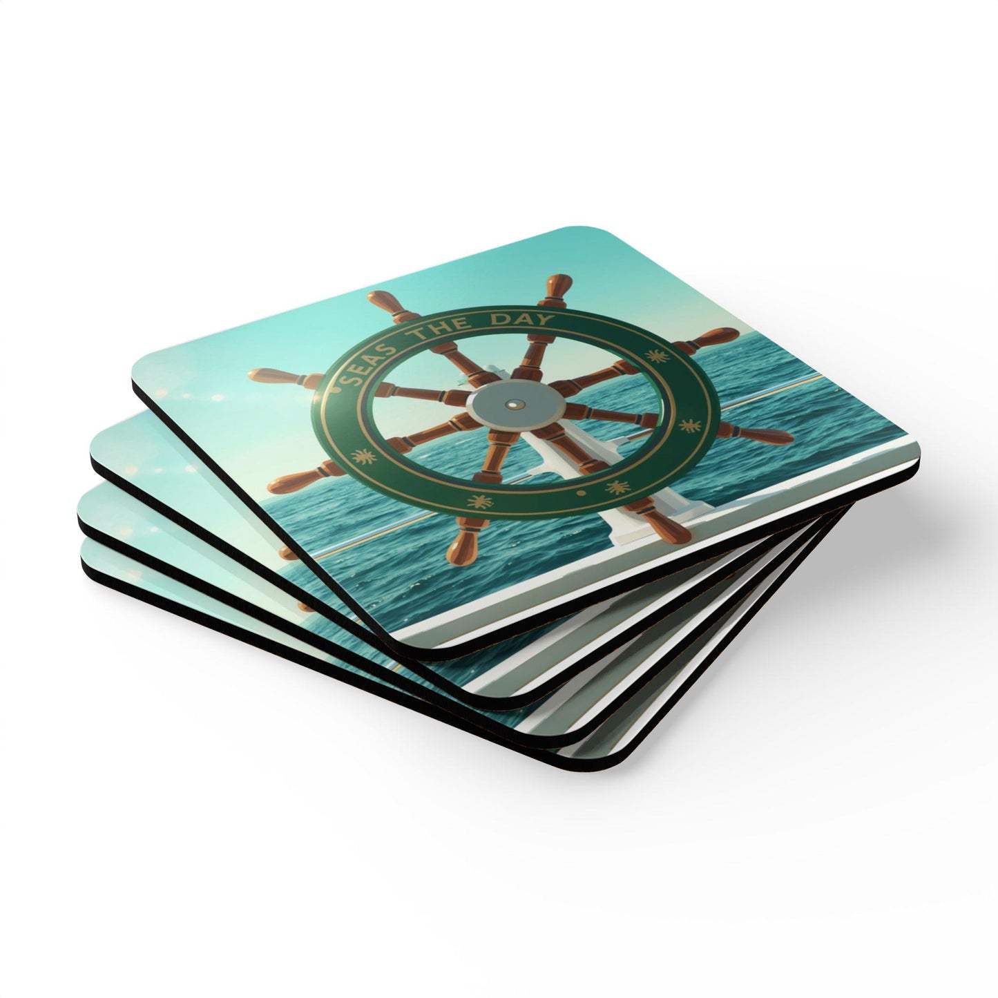 Seas the Day Ship Wheel Corkwood Coaster - householdessential