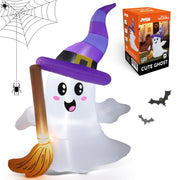 6Ft Halloween Inflatables Light up Cute Ghosts with Witch Hat,Halloween Decorations Outdoor,Blow up Halloween Yard Decorations