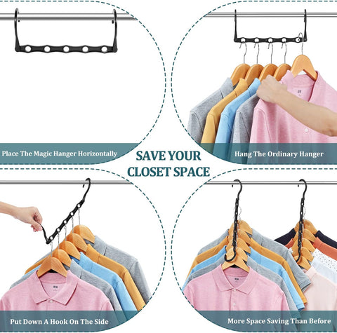 6 Pack Black Space Saving Hangers, Magic Hangers, Closet Organizers, Space Saver Hanger Organizer, Dorm Room Essentials