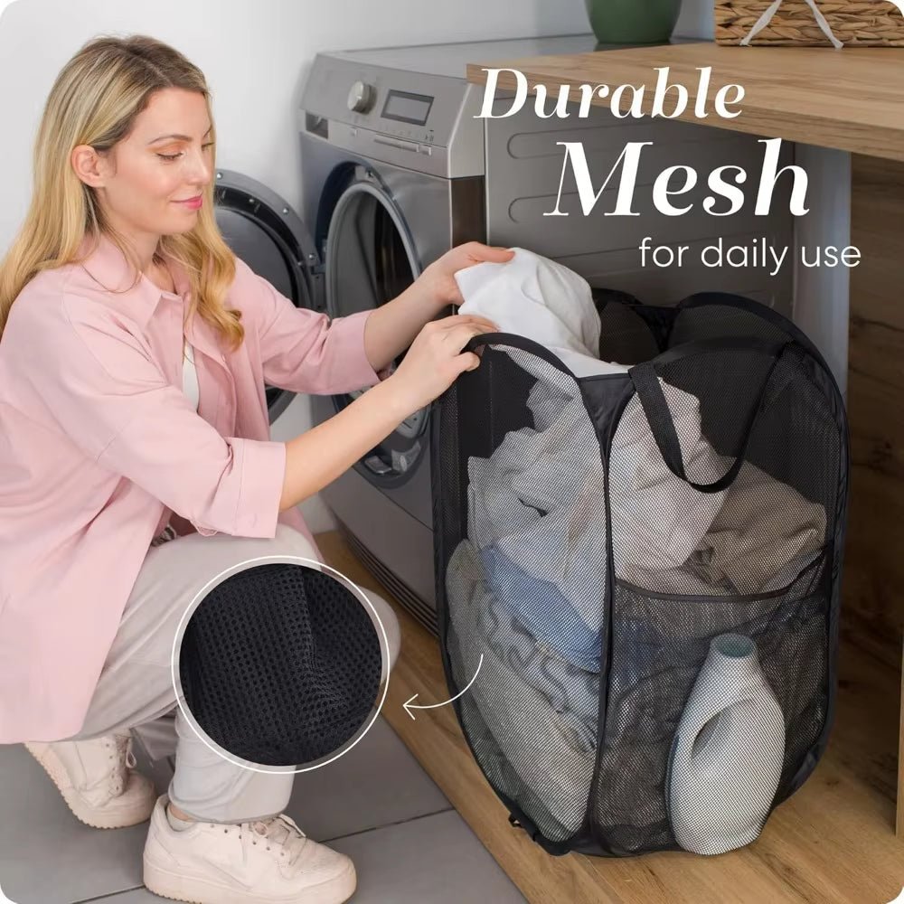 Collapsible Mesh Laundry Basket with Side Pocket - Breathable Clothes Storage Organizer - householdessential