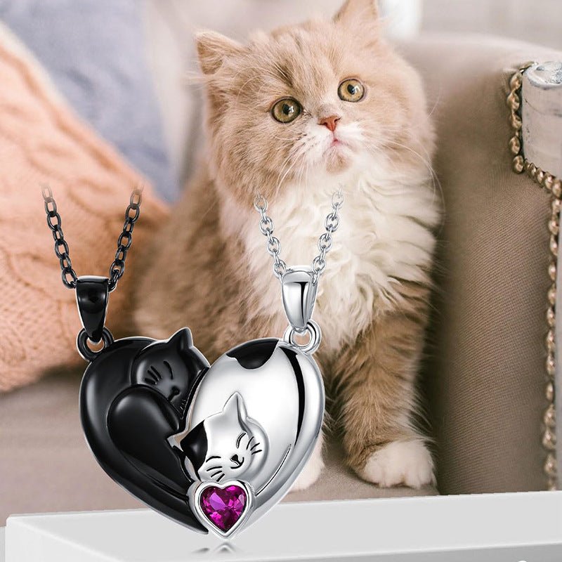 Black White Cute Cat Couple Necklace Set Gift for Couples - householdessential