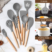 Kitchen Cooking Utensils Set, 33 Pcs Non-Stick Silicone Utensils Spatula Set with Holder, Wooden Handle Heat Resistant Silicone Kitchen Gadgets Utensil Set (Gray)