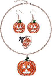 4Pcs Halloween Jewelry Set Thanksgiving Pumpkin Ring Necklace Earrings for Women Rhinestones Hook Dangle Earrings Pendant Necklace Adjustable Ring Halloween Costume Jewelry