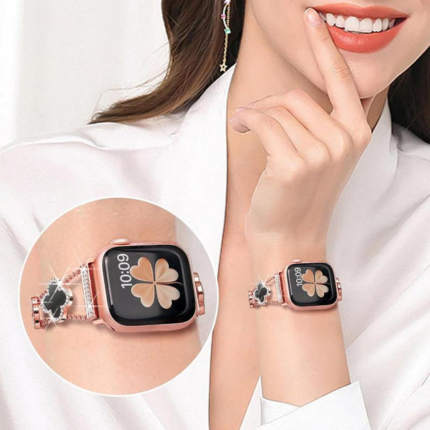 BUREI Black Shell Clover Slim Metal Bracelet for Apple Watch - Business & Dressy Strap Compatible Ultra 2/Ultra/Series 9-1/SE/SE2 (38-49Mm) Women & Men (Watch Not Included)