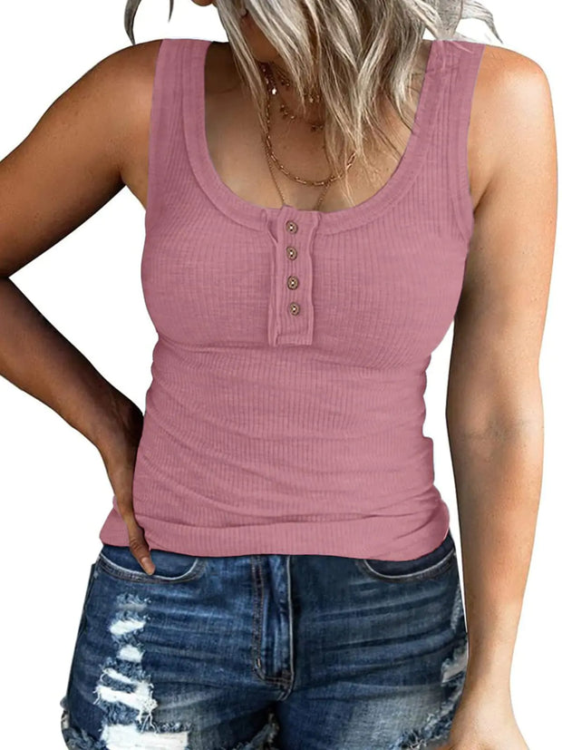 ATHMILE Women Sleeveless Basic Tops Summer Clothing Casual Ribbed Sleeveless Cami Tank Top Slim Fitted Henley Button Down Blouses T DarkPink
