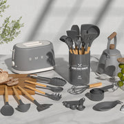 Kitchen Cooking Utensils Set, 33 Pcs Non-Stick Silicone Utensils Spatula Set with Holder, Wooden Handle Heat Resistant Silicone Kitchen Gadgets Utensil Set (Gray)