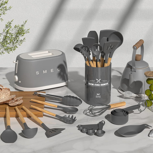 Kitchen Cooking Utensils Set, 33 Pcs Non-Stick Silicone Utensils Spatula Set with Holder, Wooden Handle Heat Resistant Silicone Kitchen Gadgets Utensil Set (Gray)