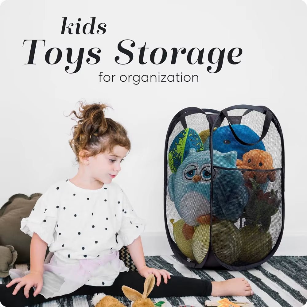 Collapsible Mesh Laundry Basket with Side Pocket - Breathable Clothes Storage Organizer - householdessential