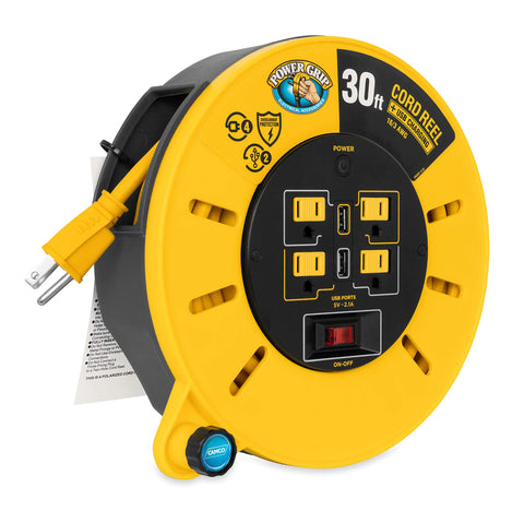 Camco 30-Ft 10 Amp RV Extension Cord Reel - Rated for 125V / 1250W - Features 4 125V Electrical Outlets & 2 USB Ports - Includes On/Off Switch & Built-in Circuit Breaker (55290)