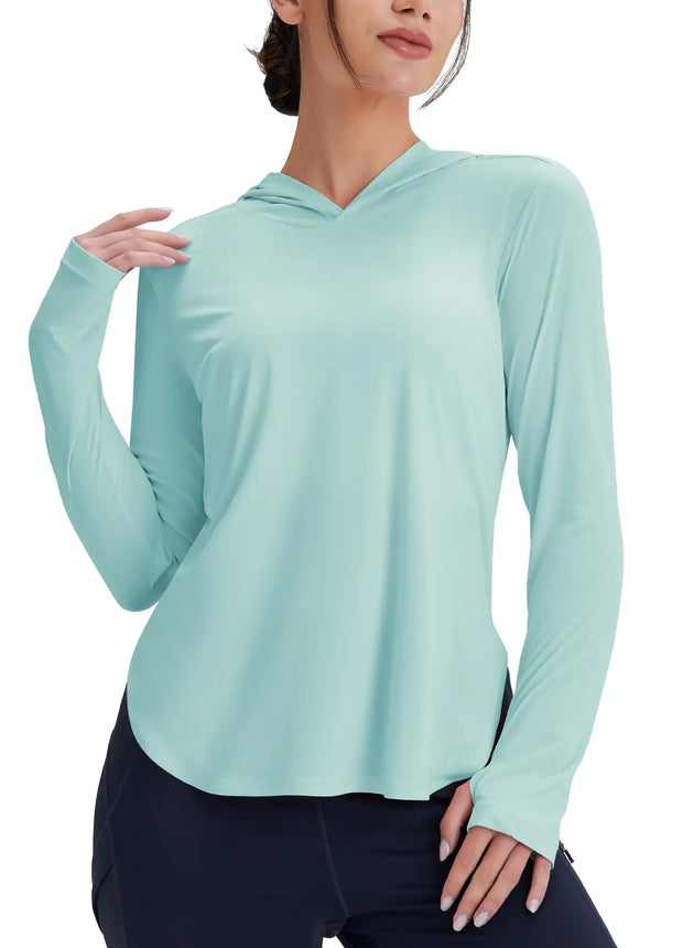 Emlovm UV Sun Protection Shirts for Women with Hoodie UPF 50+ Long Sleeve Lightweight SPF Clothing for Hiking Fishing Turquoise XX-Large