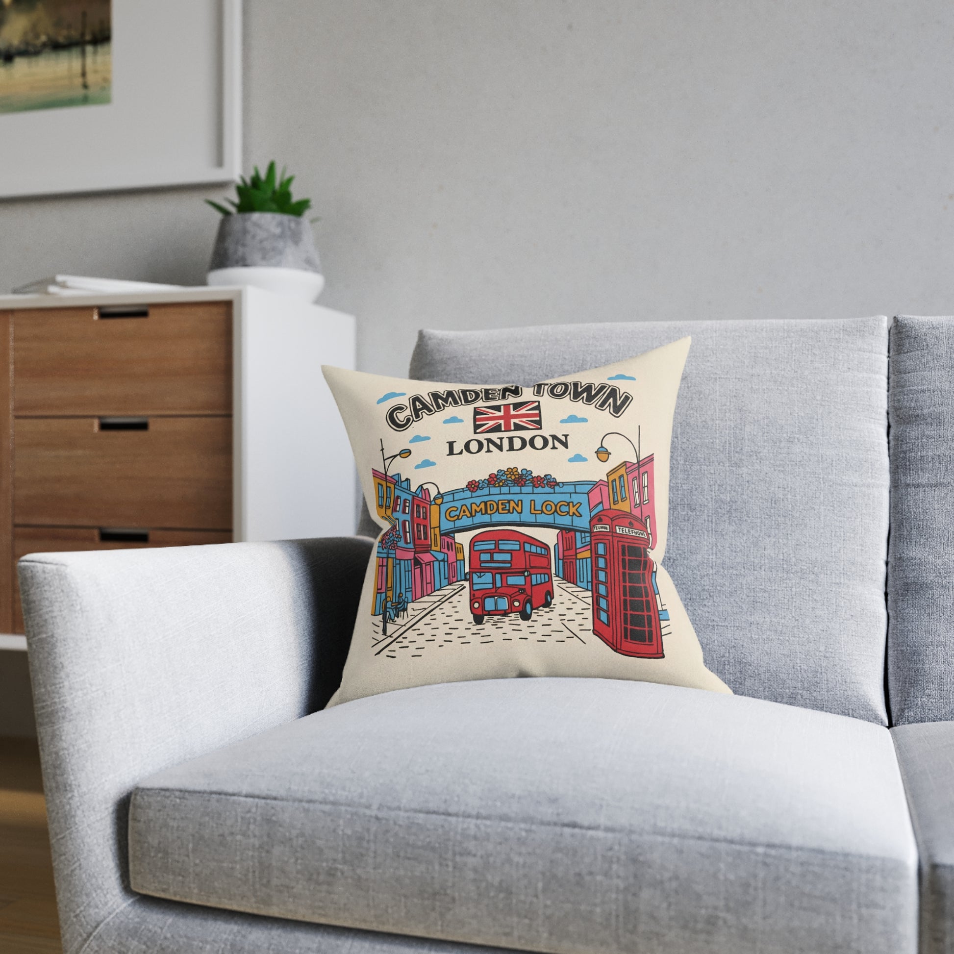 Camden Town London Square Pillow - Camden Lock Bus & Phone Box Decorative Cushion - householdessential