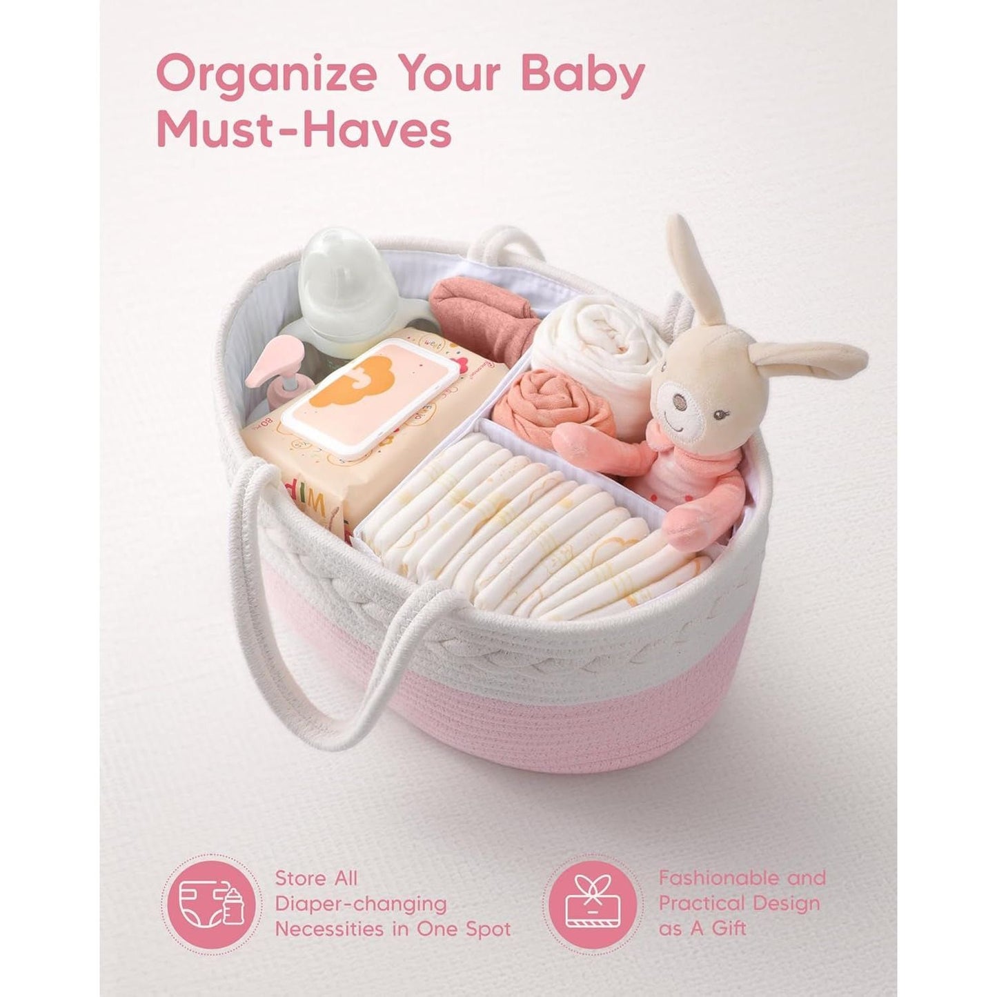 Cotton Rope Diaper Caddy - Changing Table Organizer, Portable Baby Basket - householdessential