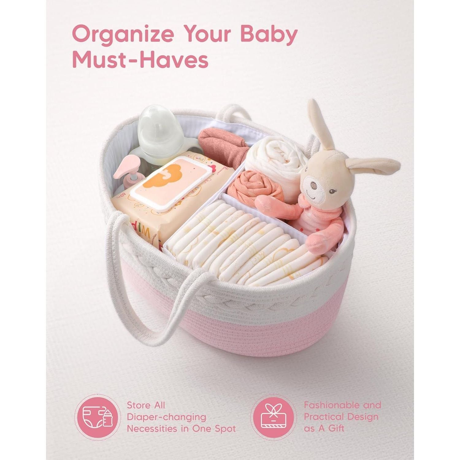 Cotton Rope Diaper Caddy - Changing Table Organizer, Portable Baby Basket - householdessential