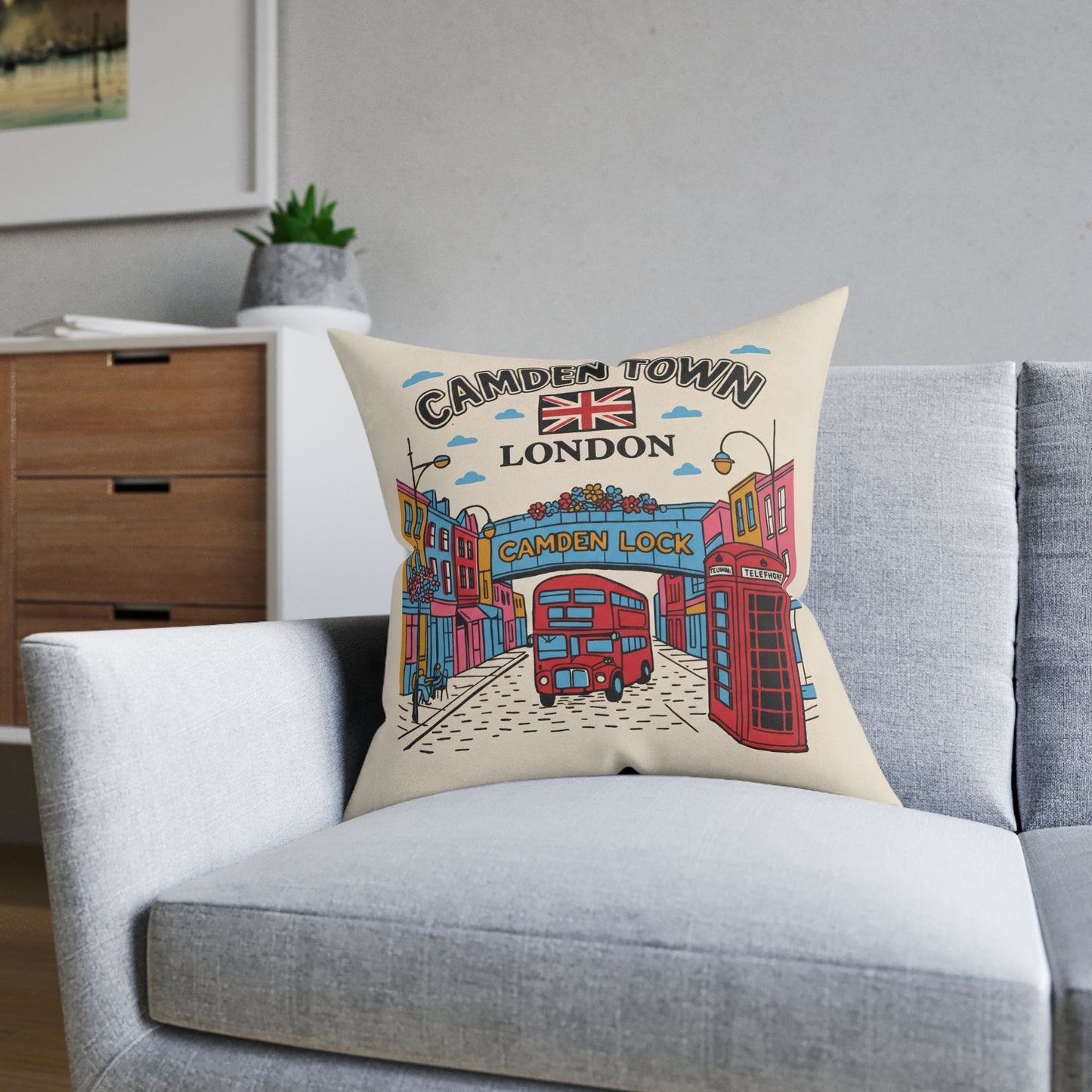 Camden Town London Square Pillow - Camden Lock Bus & Phone Box Decorative Cushion - householdessential