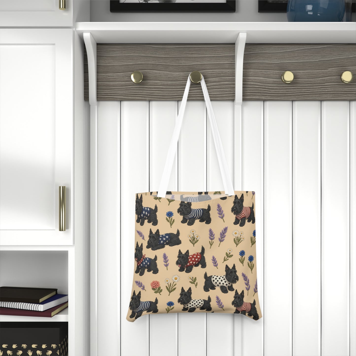 Scottish Terrier Pattern Shoulder Tote Bag | Cute Scotty Dogs on Beige - householdessential