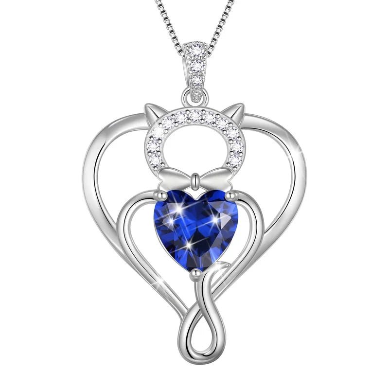 925 Sterling Silver Cat Pendant Sapphire Birthstone Necklace, Gift for Women - householdessential