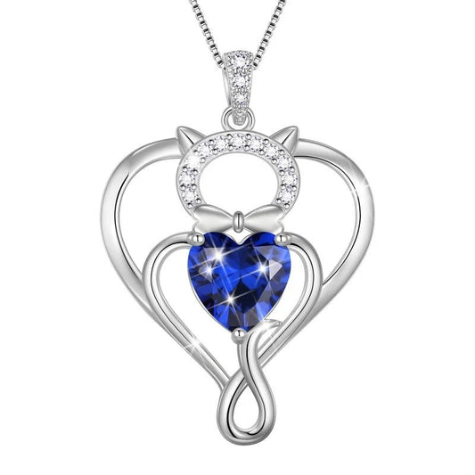 925 Sterling Silver Cat Pendant Sapphire Birthstone Necklace, Gift for Women - householdessential