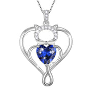 925 Sterling Silver Heart September Sapphire Birthstone Necklace,Cat Pendant Necklace Cute Animal Jewelry Birthday Christmas Valentines Gifts for Women