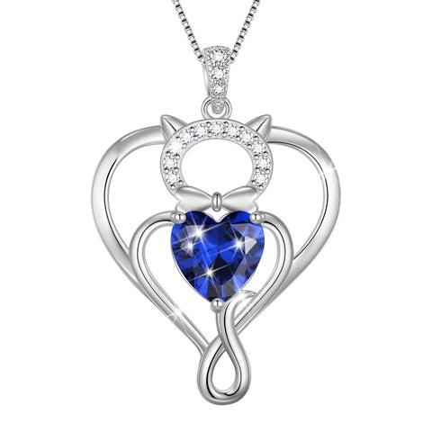 925 Sterling Silver Heart September Sapphire Birthstone Necklace,Cat Pendant Necklace Cute Animal Jewelry Birthday Christmas Valentines Gifts for Women