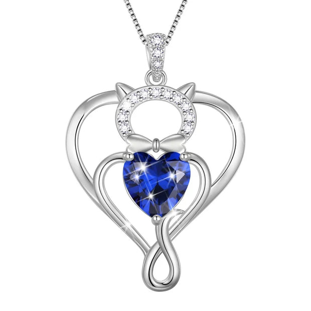 925 Sterling Silver Heart September Sapphire Birthstone Necklace,Cat Pendant Necklace Cute Animal Jewelry Birthday Christmas Valentines Gifts for Women
