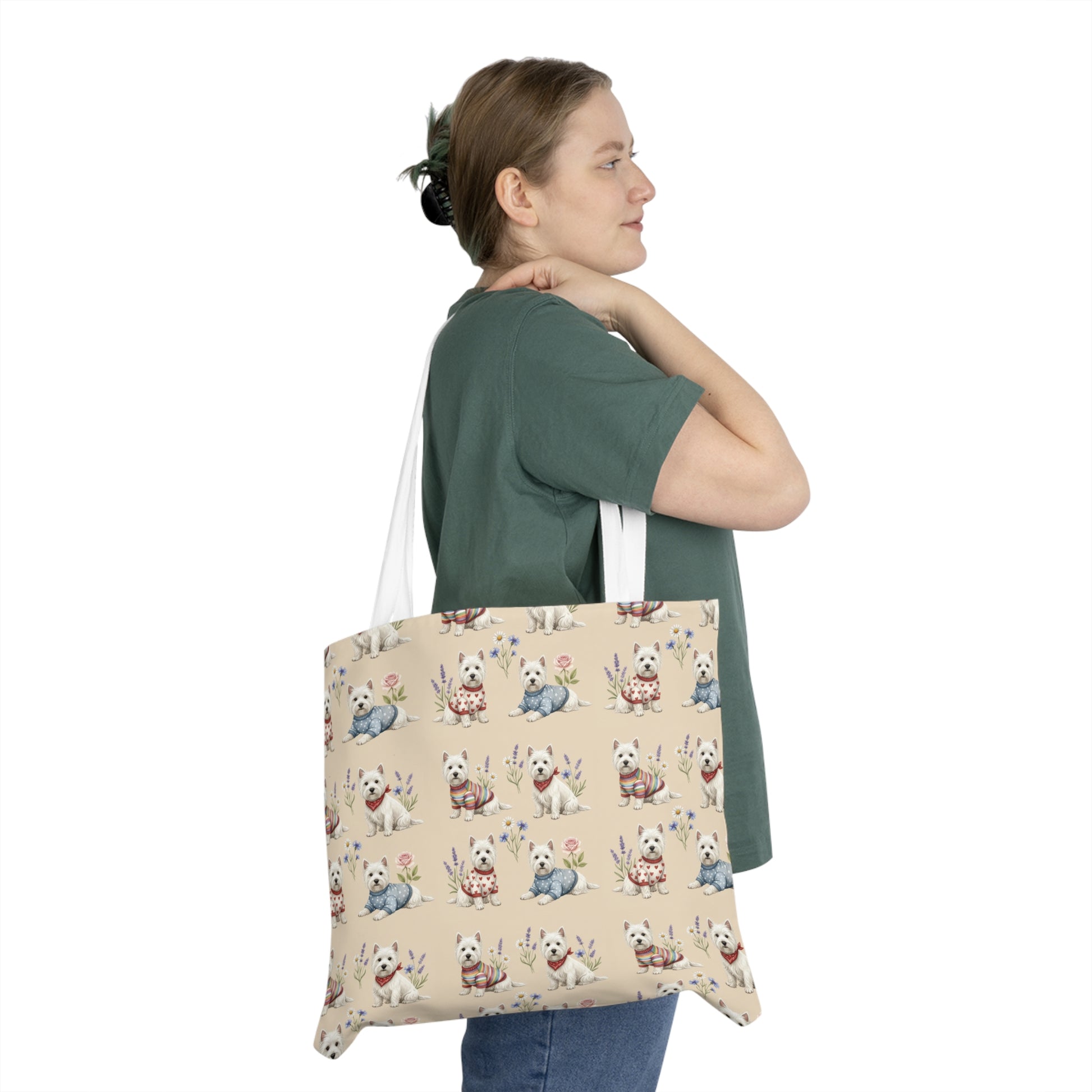 Cute Puppy Pattern Shoulder Tote Bag — Beige All - Over - Print Dog Tote - householdessential