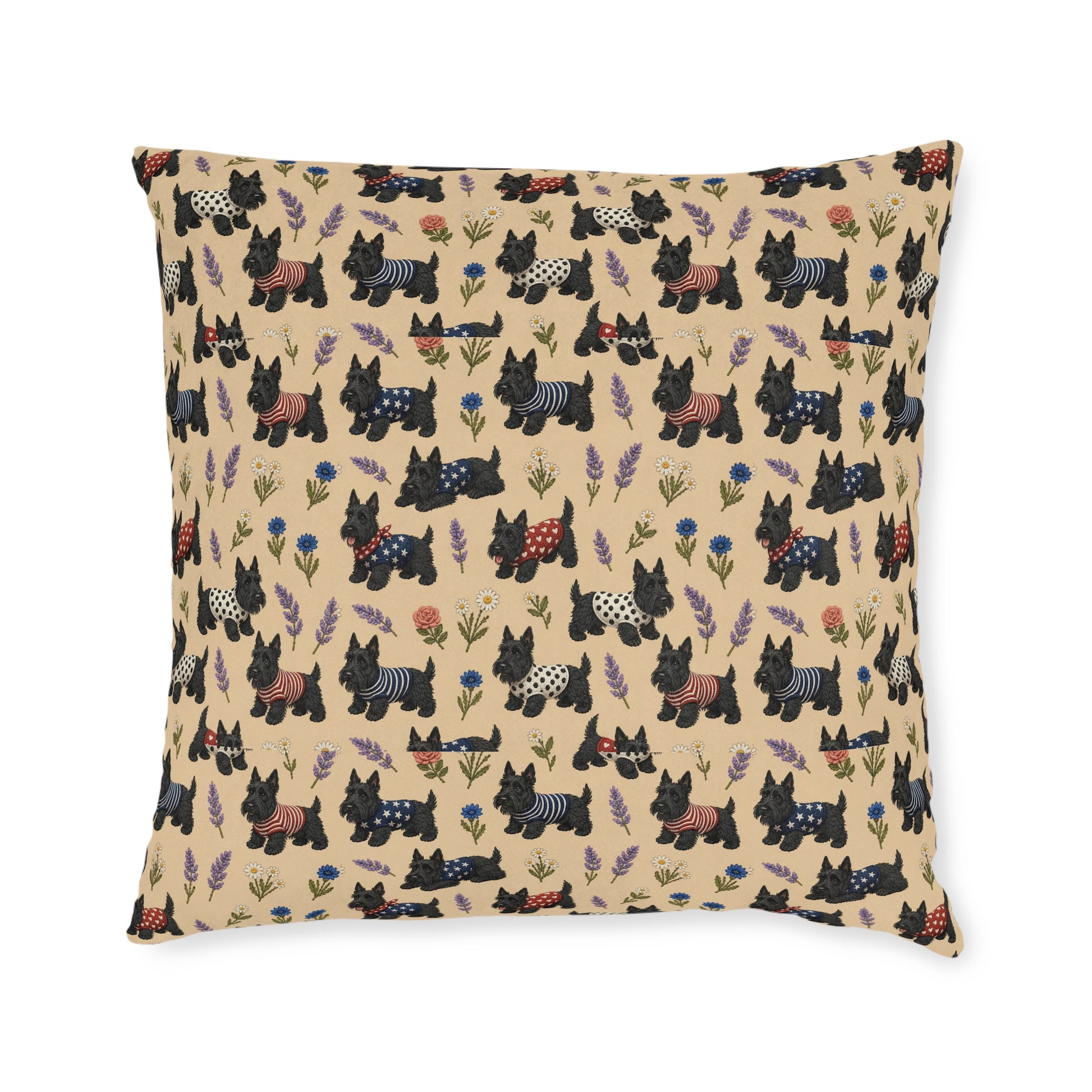 Scottie Dog Pattern Square Pillow - Cute Scottish Terrier Decorative Cushion - householdessential