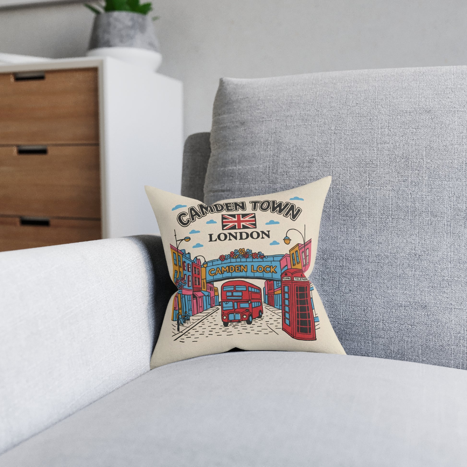 Camden Town London Square Pillow - Camden Lock Bus & Phone Box Decorative Cushion - householdessential