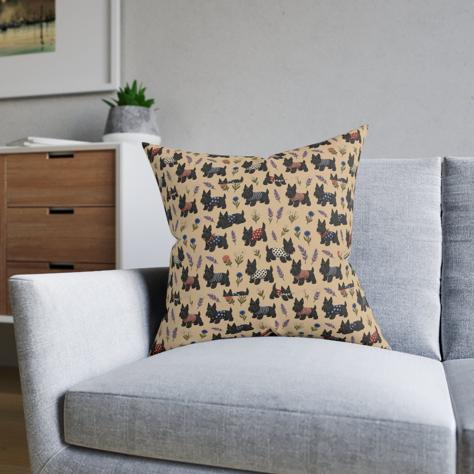 Scottie Dog Pattern Square Pillow - Cute Scottish Terrier Decorative Cushion - householdessential