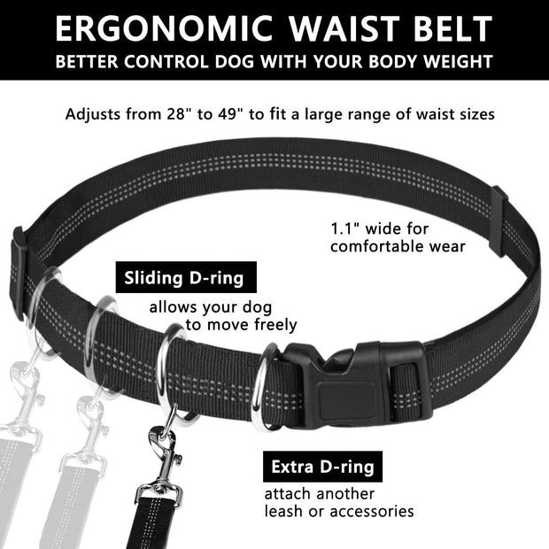 Hands Free Dog Leash, Waist Running Leash with Zipper, Walking Pouch for Medium Large Dogs, Dual Handle and Retractable Bungee for Training Jogging Hiking
