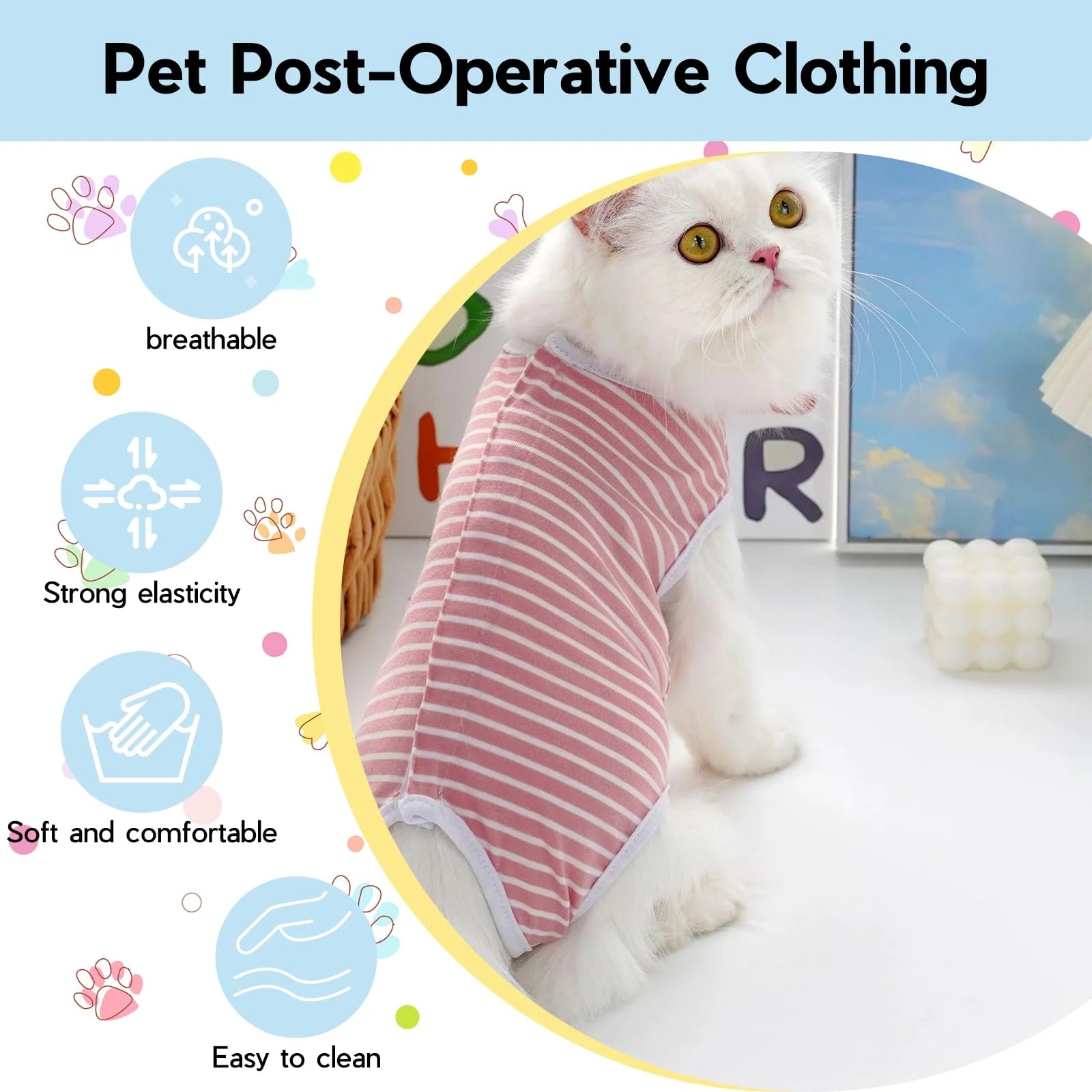 Pet Surgery Recovery Suit, Dog Surgical Vest Striped Onesie, Post-Surgery Wear - householdessential