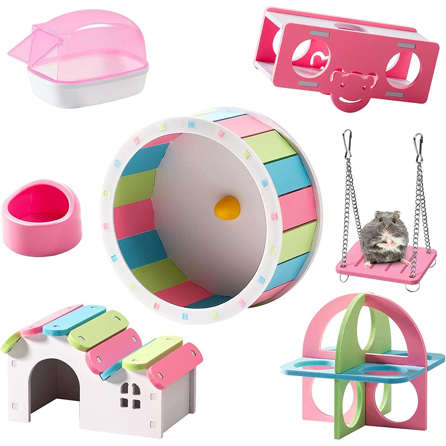 Silent Hamster Wheel Durable Chew Toys Pink Accessories Combo Pack - householdessential