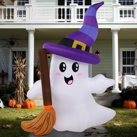 6Ft Halloween Inflatables Light up Cute Ghosts with Witch Hat,Halloween Decorations Outdoor,Blow up Halloween Yard Decorations