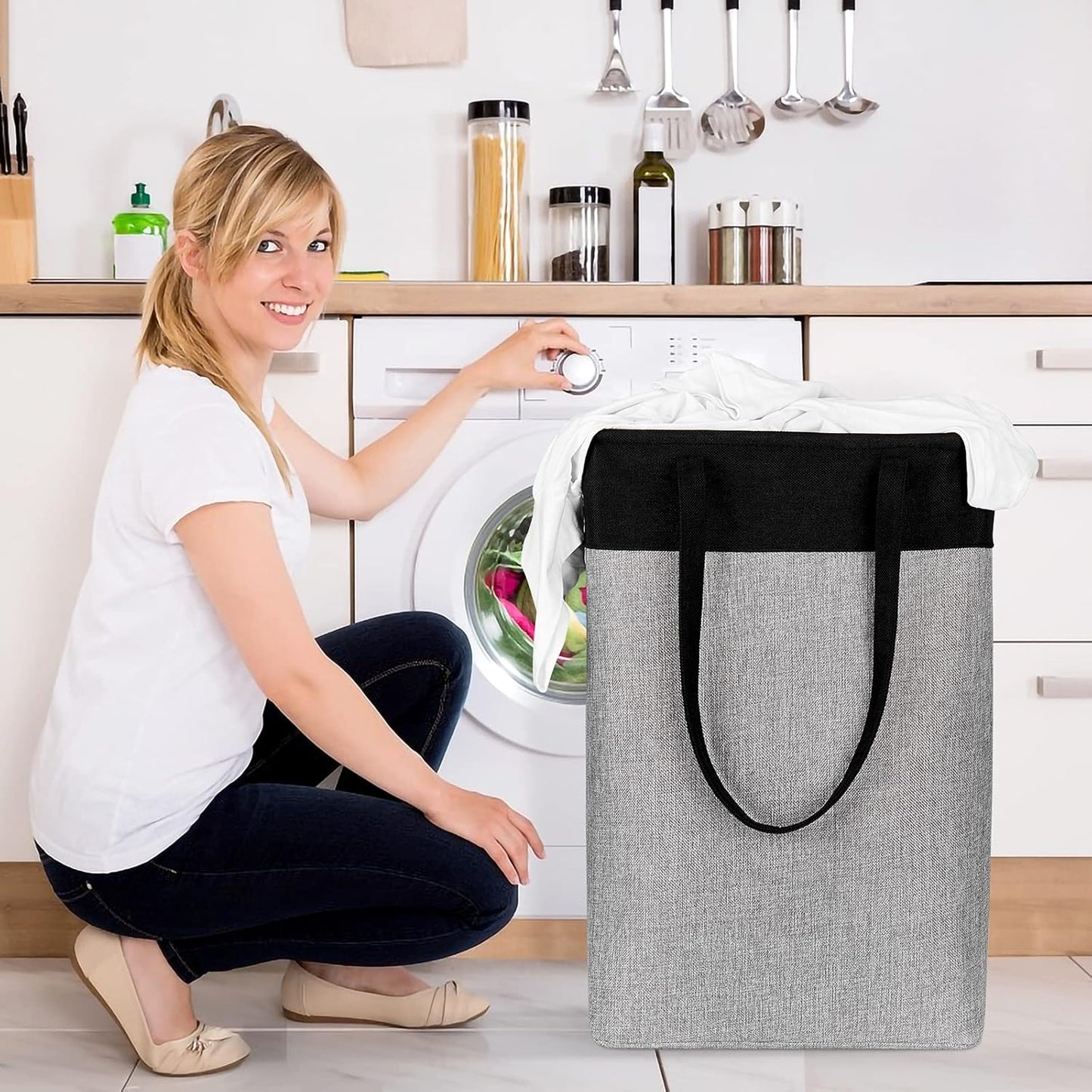 3-in-1 Collapsible Laundry Basket Set with Straps - Black & Gray Patchwork Design - householdessential