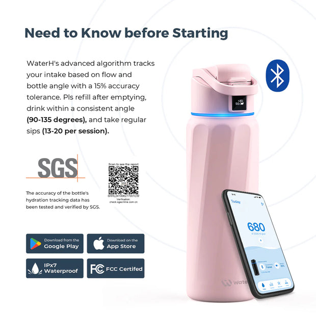 Waterh Boost Smart Water Bottle: 32 Oz Hydration Tracker with APP & Insulation