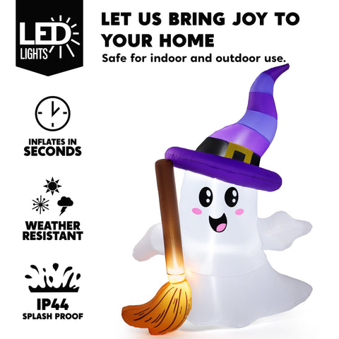 6Ft Halloween Inflatables Light up Cute Ghosts with Witch Hat,Halloween Decorations Outdoor,Blow up Halloween Yard Decorations