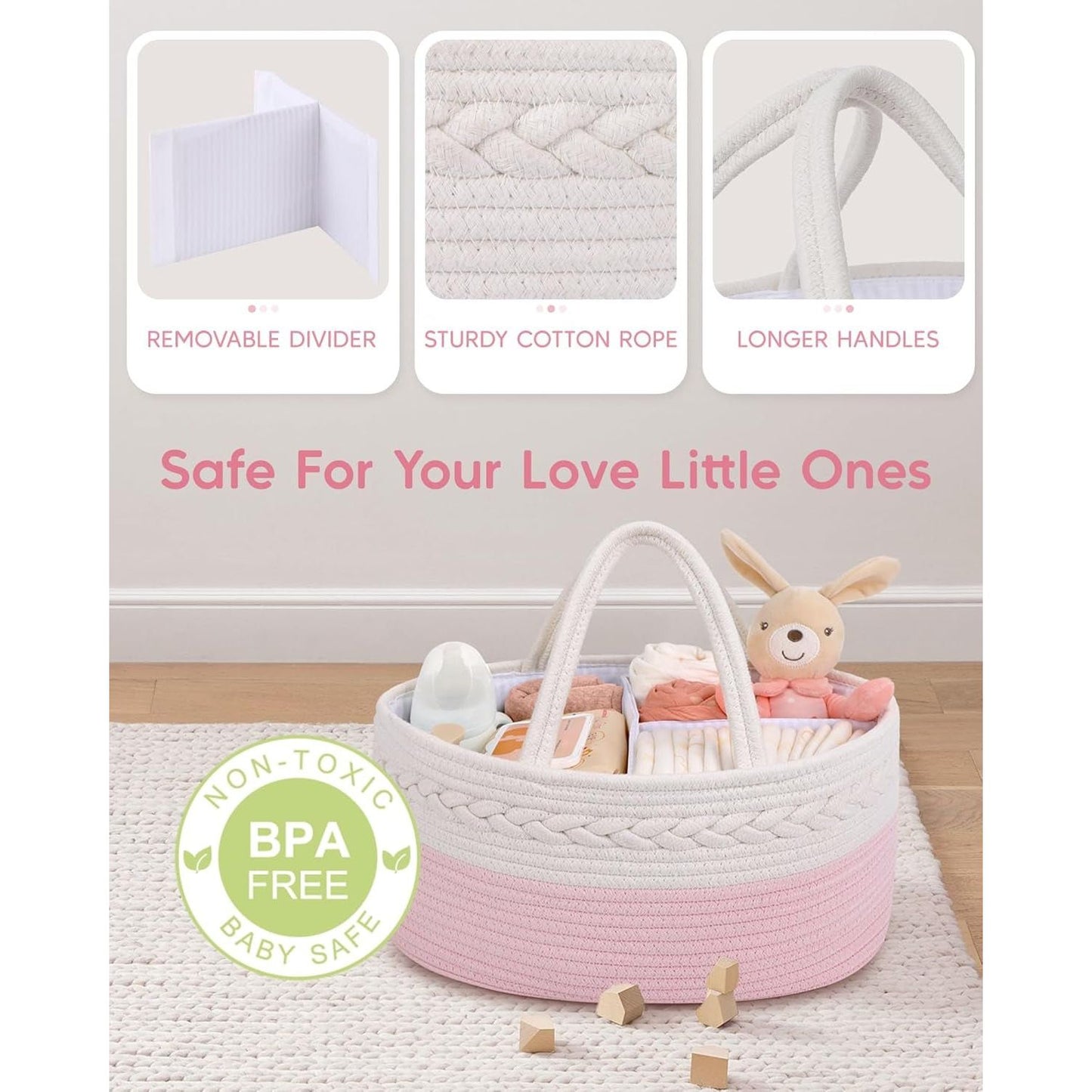 Cotton Rope Diaper Caddy - Changing Table Organizer, Portable Baby Basket - householdessential