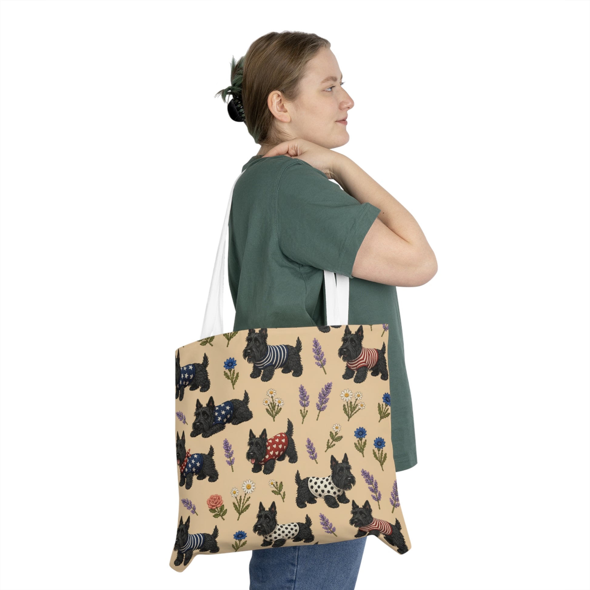Scottish Terrier Pattern Shoulder Tote Bag | Cute Scotty Dogs on Beige - householdessential