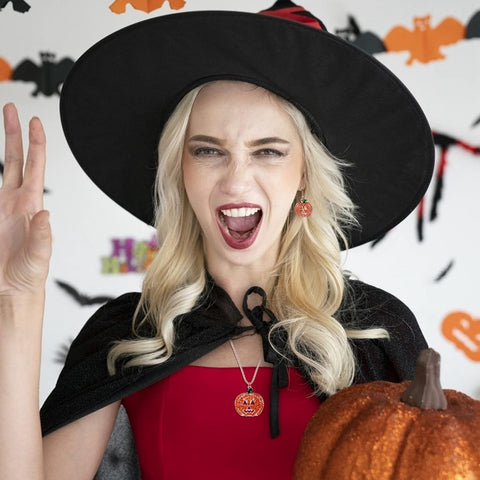 4Pcs Halloween Jewelry Set Thanksgiving Pumpkin Ring Necklace Earrings for Women Rhinestones Hook Dangle Earrings Pendant Necklace Adjustable Ring Halloween Costume Jewelry