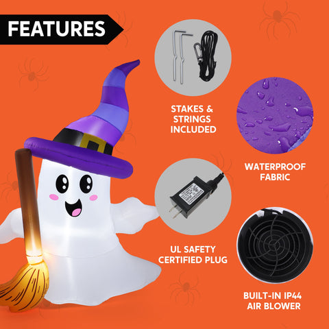 6Ft Halloween Inflatables Light up Cute Ghosts with Witch Hat,Halloween Decorations Outdoor,Blow up Halloween Yard Decorations