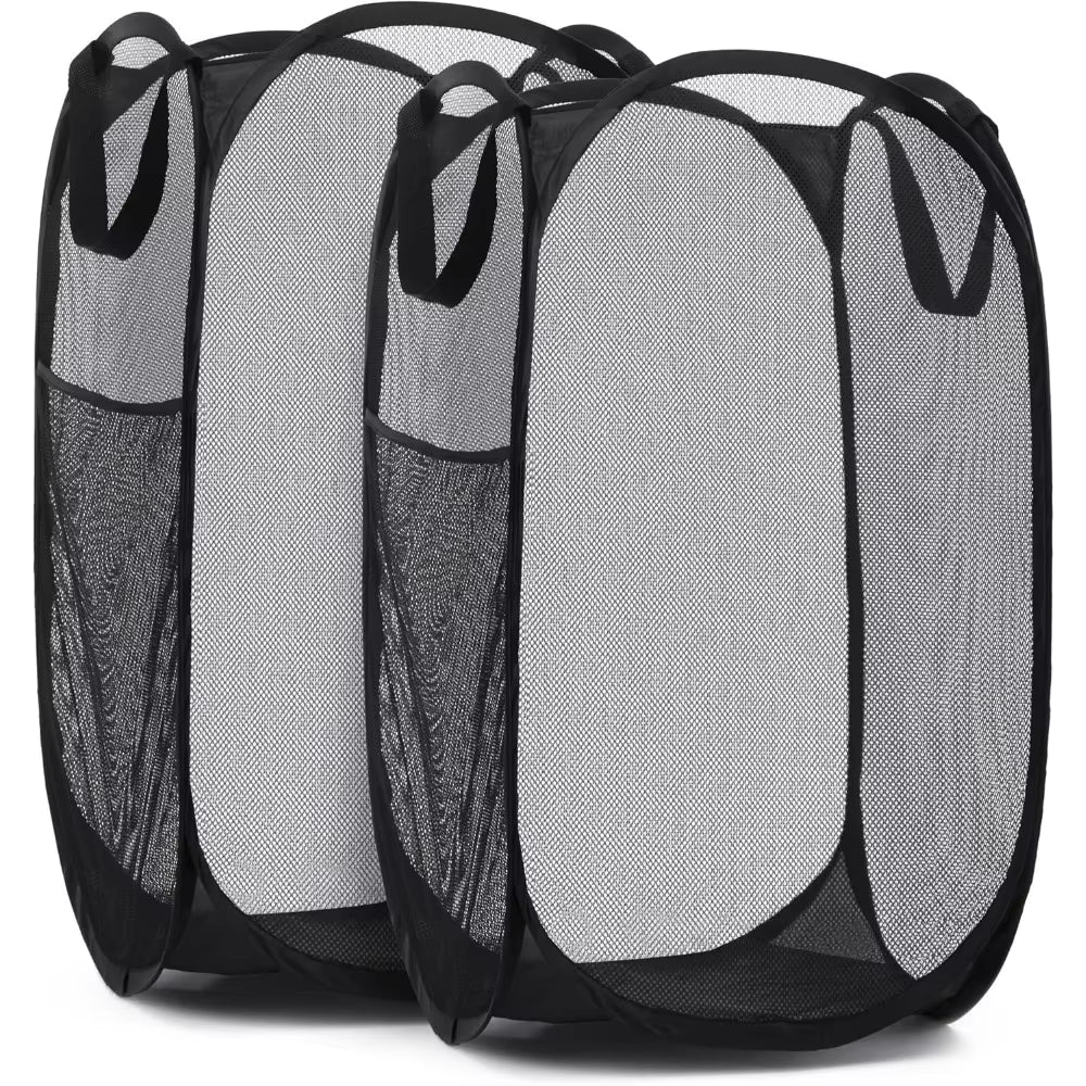 Collapsible Mesh Laundry Basket with Side Pocket - Breathable Clothes Storage Organizer - householdessential