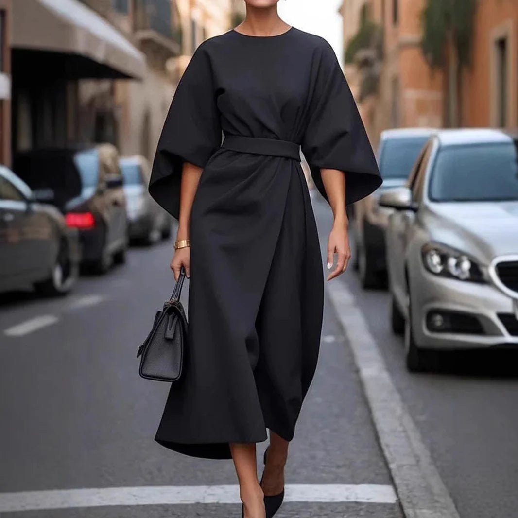 Loose Batwing Sleeve Dress Fashion Waist - tighted Solid Color Elegant Dresses For Women Clothing - householdessential