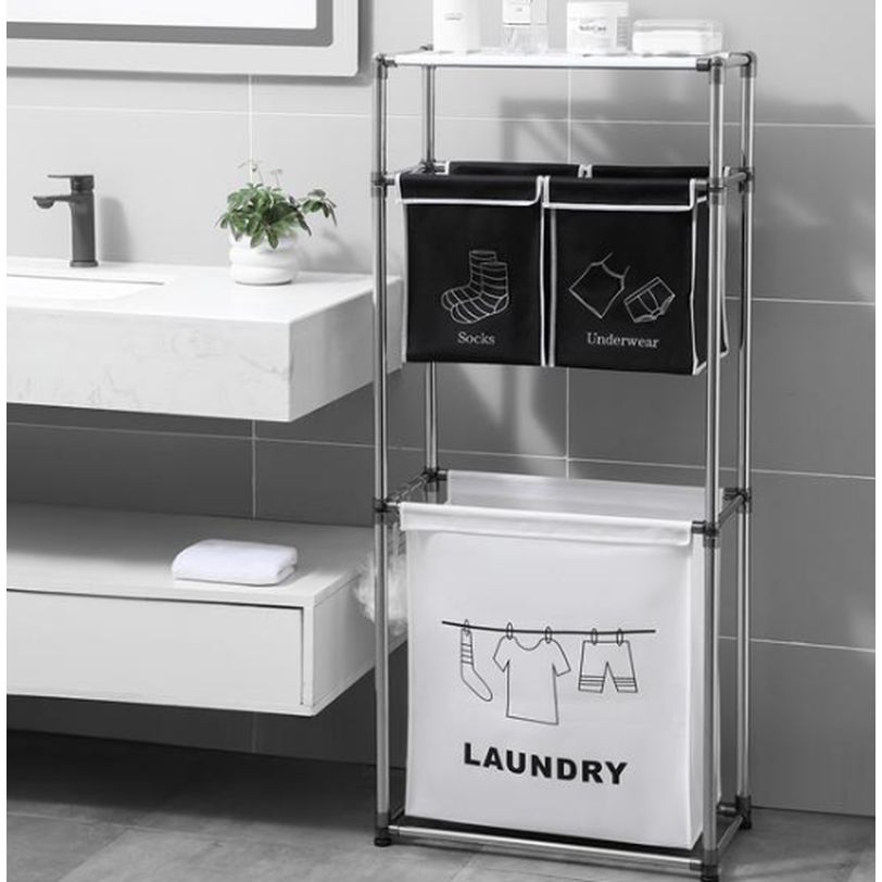 Waterproof Laundry Sorter with 3 Bags, 3-Tier Design and Hooks for Organization - householdessential